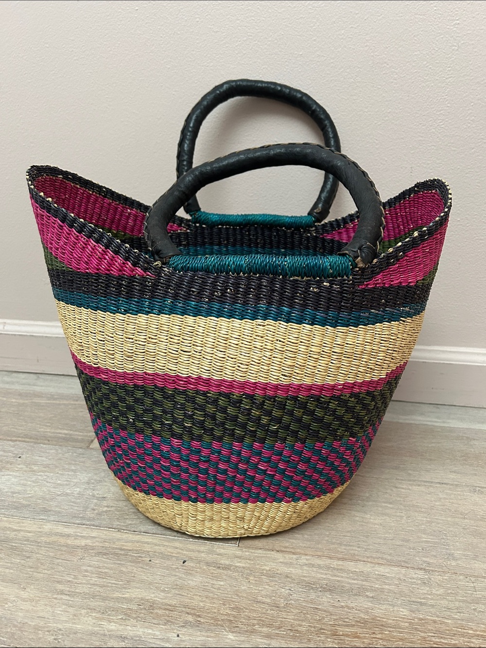 Handwoven Pink, Teal & Natural Stripe Women's Tote Bag